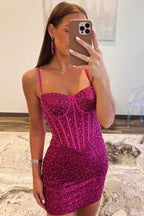 Fuchsia Sparkly Corset Tight Short Homecoming Dress with Beadings Bmbride