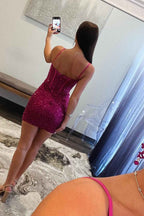 Fuchsia Sparkly Corset Tight Short Homecoming Dress with Beadings Bmbride