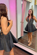 Sparkly Black Beaded A-Line Short Homecoming Dress