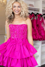 Sparkly Fluffy Fuchsia Tight Short Homecoming Dress with Ruffles