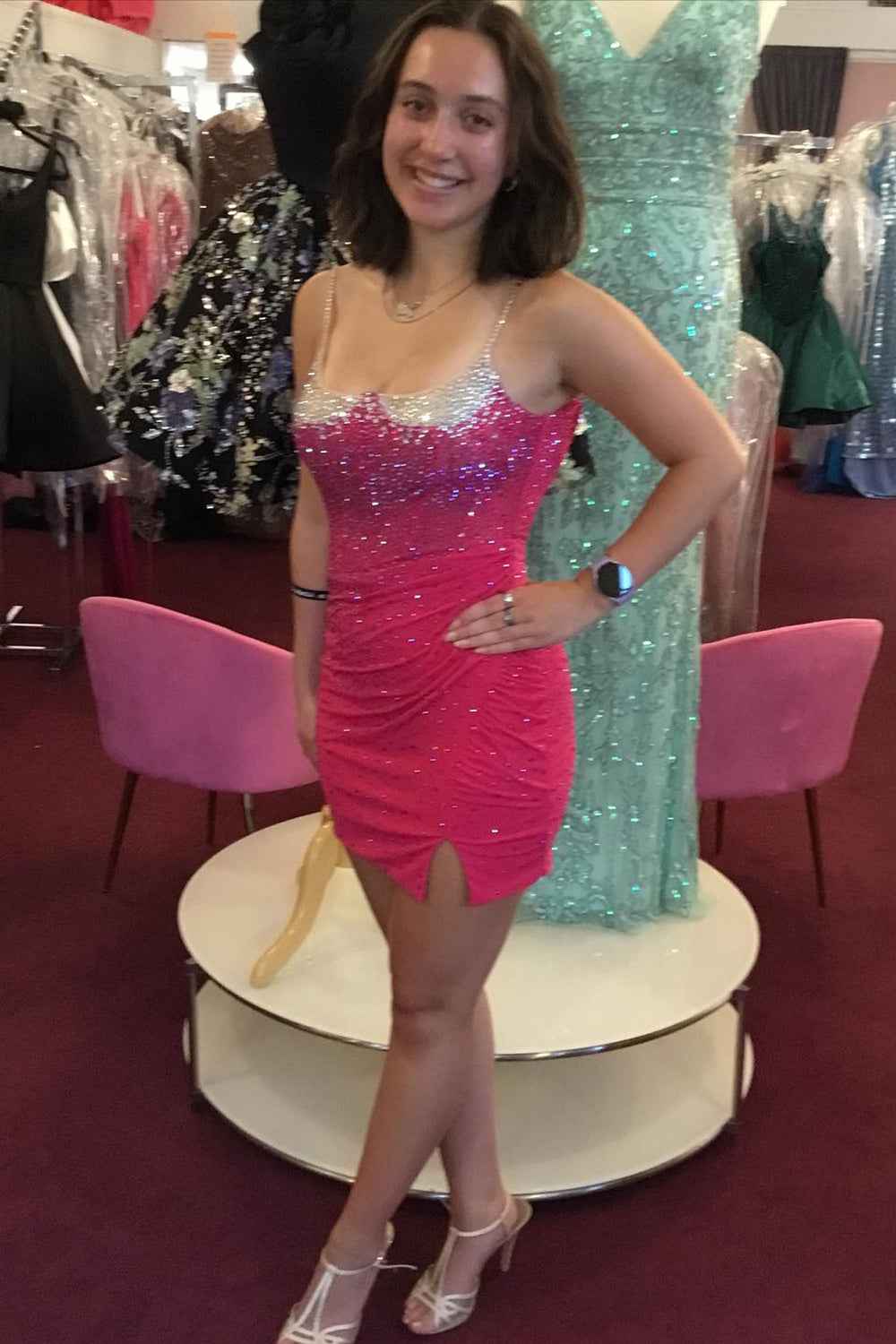Glitter Royal Blue Spaghetti Straps Tight Short Homecoming Dress With Beadings Bmbride