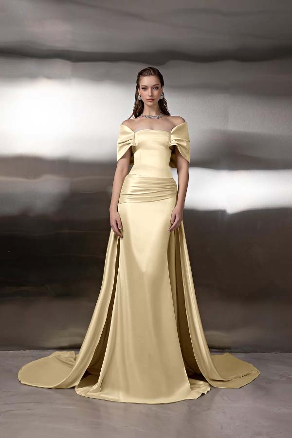 Off the Shoulder Sleeveless Long Mermaid Prom Dress With Pleated BMBRIDE