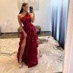 Beautiful Sheath One-Shoulder Tiered Lace Long Prom Dress BM bride