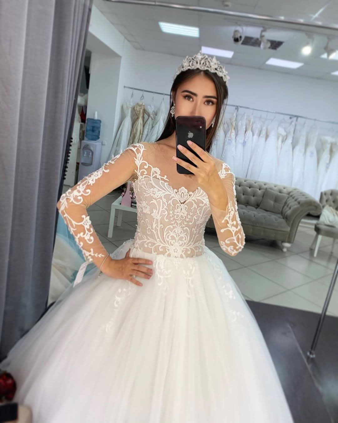 A-Line Tulle Long Sleeves Wedding Dress With Lace BM bride