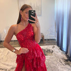 Beautiful Sheath One-Shoulder Tiered Lace Long Prom Dress BM bride