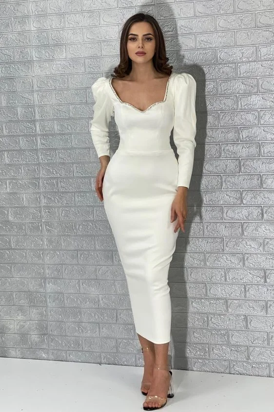 White Jewel Long Sleeve Sequined Prom Dress BM bride