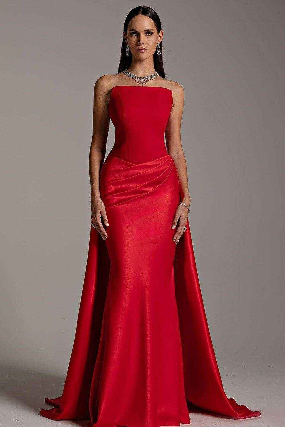 Red Strapless Sleeveless Long Mermaid Prom Dress With Pleated