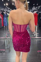 Sparkly Fuchsia Corset Tight Strapless Short Homecoming Dress