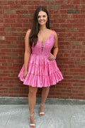 Fluffy Pink A Line Ruffled Short Homecoming Dress with Lace