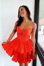 A-Line Fuchsia Strapless Pleated Tiered Short Homecoming Dress