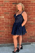 Sparkly Navy Corset Plus Size A Line Short Homecoming Dress Bmbride
