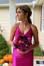 Sparkly Fuchsia Halter Tight Short Homecoming Dress with Beadings