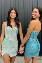 Light Green Strapless Corset Tight Short Homecoming Dress with Sequins