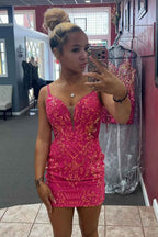 Sparkly Fuchsia Lace Up Back Tight Short Homecoming Dress with Sequins