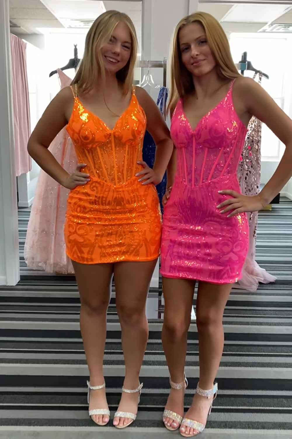 Sparkly Corset Orange Tight Short Homecoming Dress