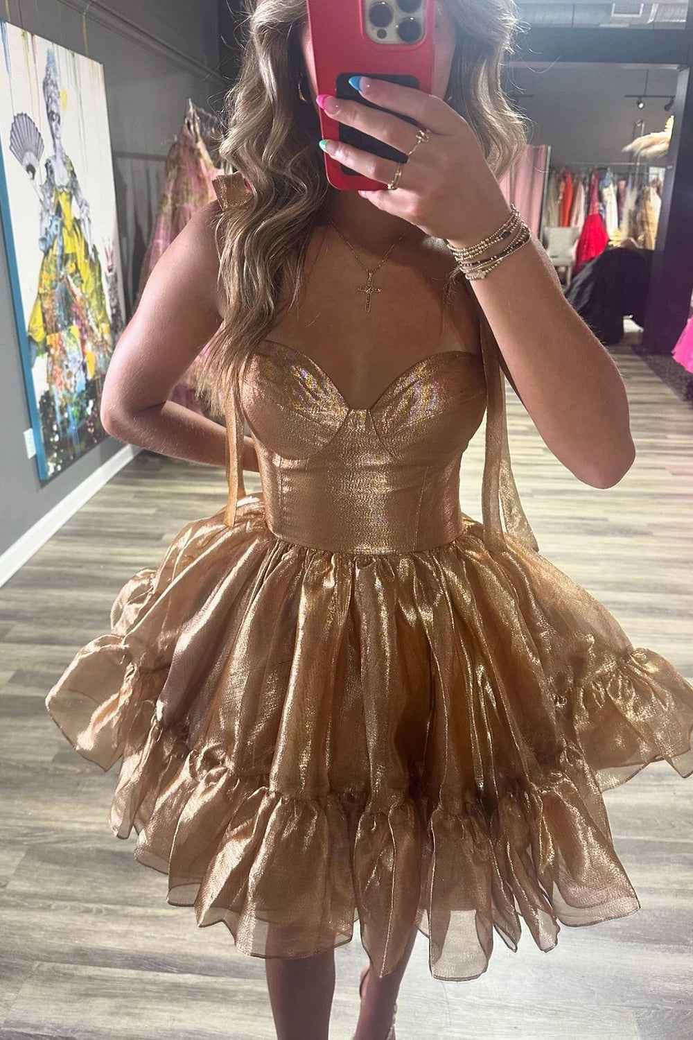 Metallic Pink Adjustable Straps A Line Short Corset Homecoming Dress with Ruffles