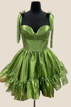 Metallic Pink Adjustable Straps A Line Short Corset Homecoming Dress with Ruffles