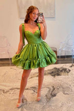 Metallic Pink Adjustable Straps A Line Short Corset Homecoming Dress with Ruffles