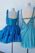 Metallic Pink Adjustable Straps A Line Short Corset Homecoming Dress with Ruffles