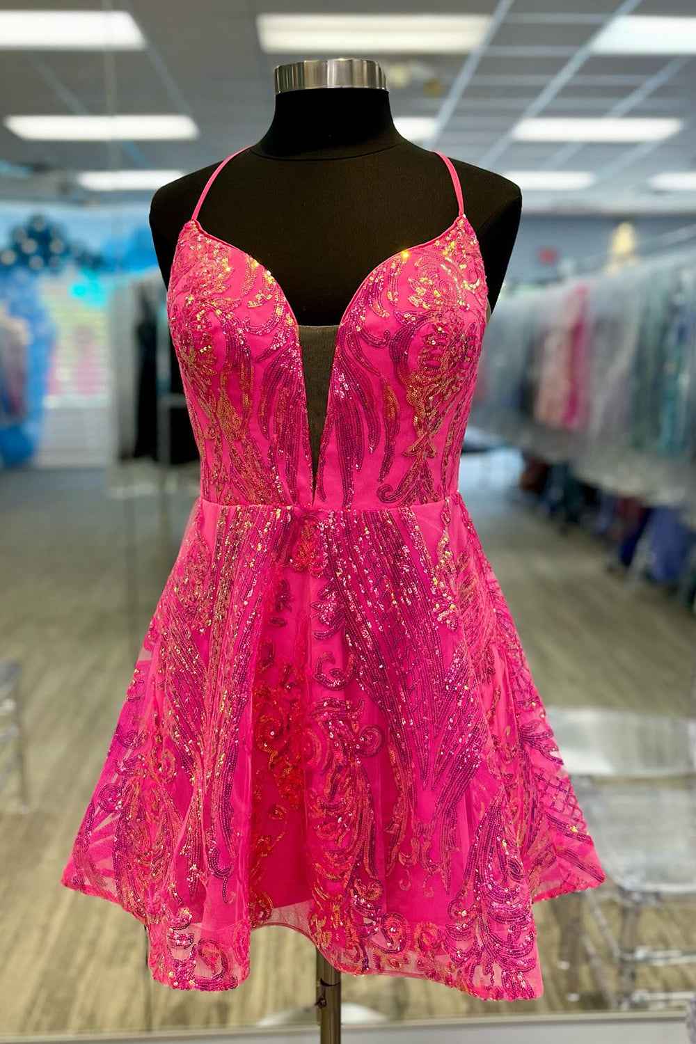Sparkly Fuchsia A-Line Backless Short Homecoming Dress