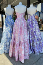 Chic Blue Floral Sweetheart A-Line Long Corset Prom Dress