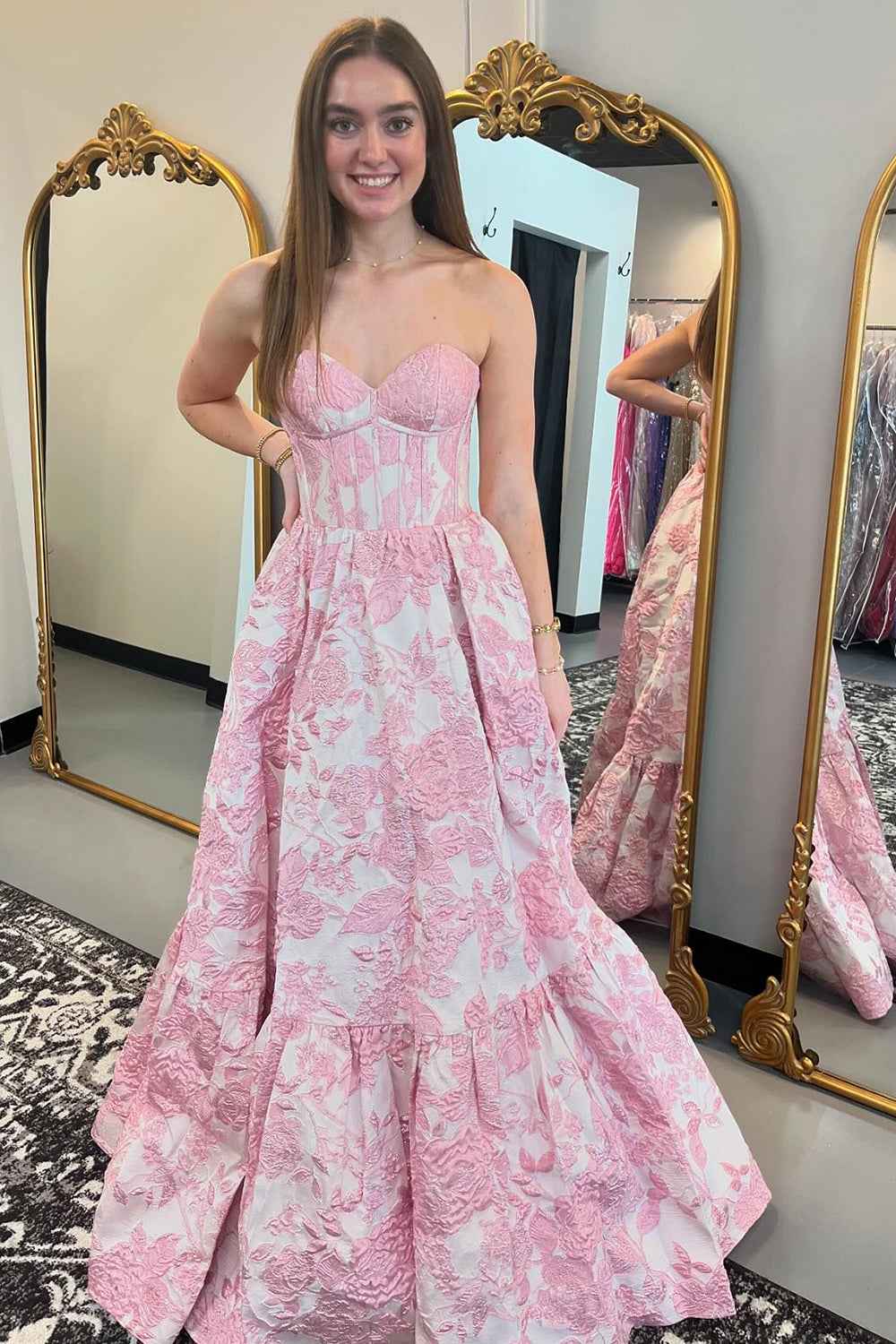 Chic Blue Floral Sweetheart A-Line Long Corset Prom Dress