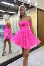 A-Line Fuchsia Strapless Tiered Tulle Short Homecoming Dress with Keyhole
