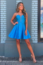 A-Line Royal Blue Strapless Corset Short Homecoming Dress with Sleeves