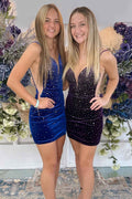 Sparkly Royal Blue Spaghetti Straps Velvet Tight Short Homecoming Dress