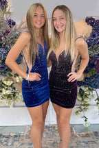 Sparkly Royal Blue Spaghetti Straps Velvet Tight Short Homecoming Dress