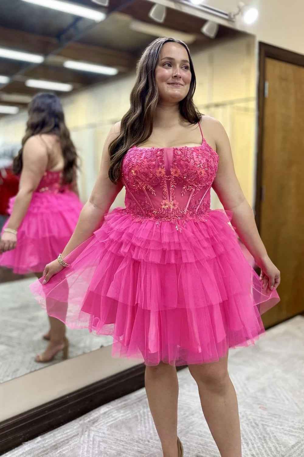 Hot Pink A Line Spaghetti Straps Corset Short Homecoming Dress