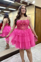 Hot Pink A Line Spaghetti Straps Corset Short Homecoming Dress