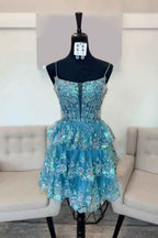 Sparkly Blue A Line Corset Tiered Short Homecoming Dress