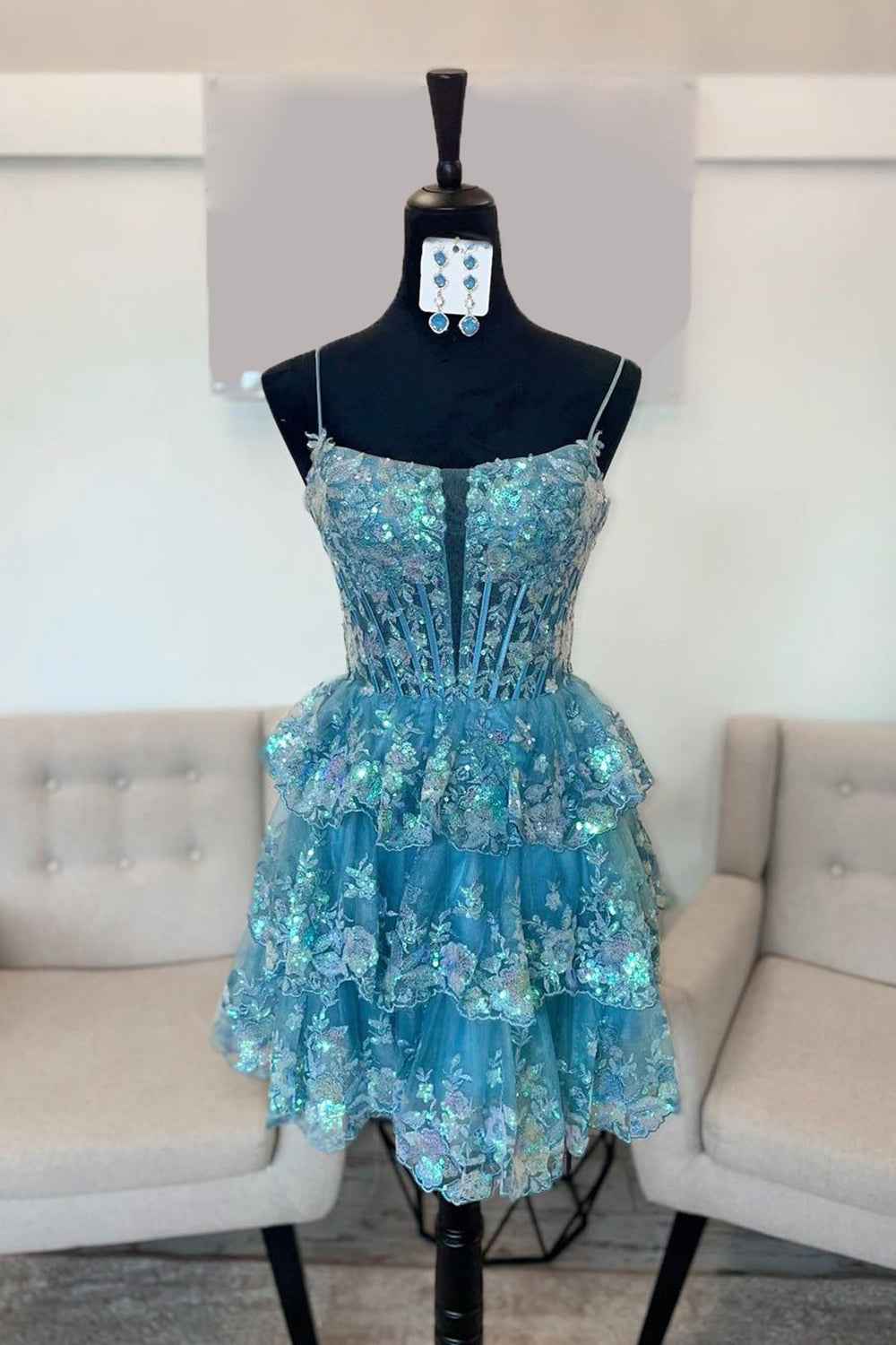 Sparkly Blue A Line Corset Tiered Short Homecoming Dress