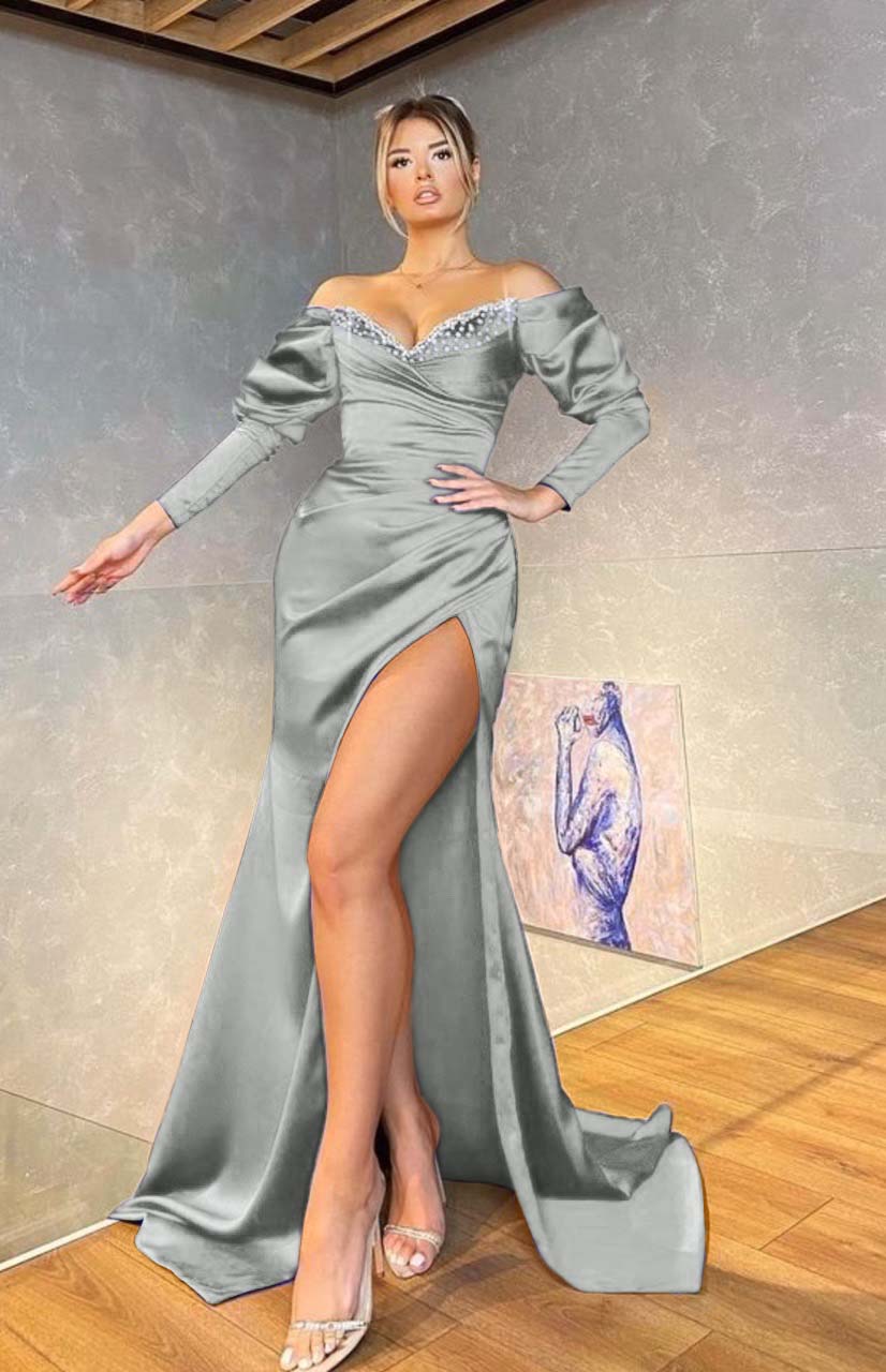 Off the Shoulder Mermaid Royal Blue Long Sleeves Prom Dress Beading BMBRIDE