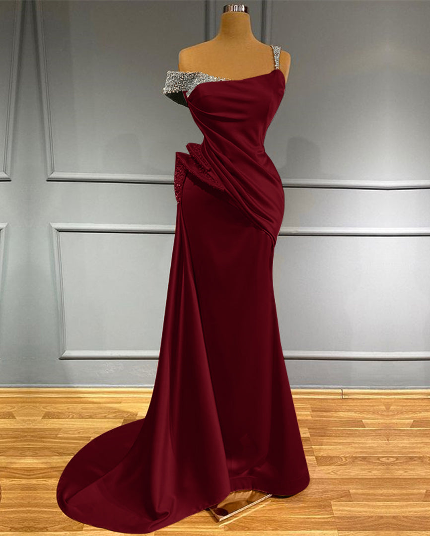 Long Off-the-Shoulder Ruffles Mermaid Evening Dress with Beads BM bride