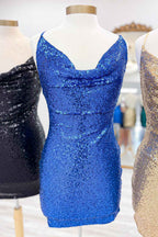 Spaghetti Straps Golden Bodycon Short Homecoming Dress with Sequins