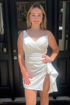 Orange One Shoulder Tight Satin Homecoming Dress with Slit