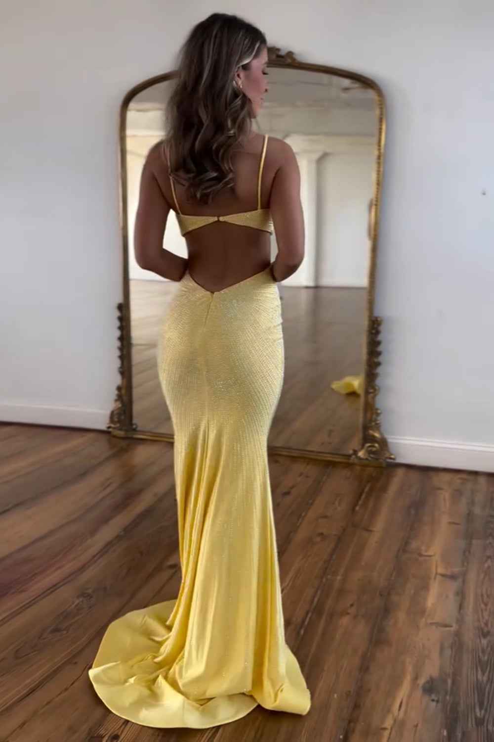 Glitter Yellow Spaghetti Straps Mermaid Cut-Out Long Prom Dress with Beading