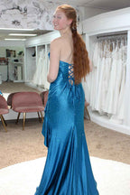 Sparkly Orange Strapless Mermaid Beaded Long Corset Prom Dress with Ruffles