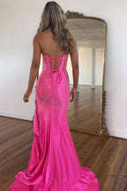 Sparkly Orange Strapless Mermaid Beaded Long Corset Prom Dress with Ruffles