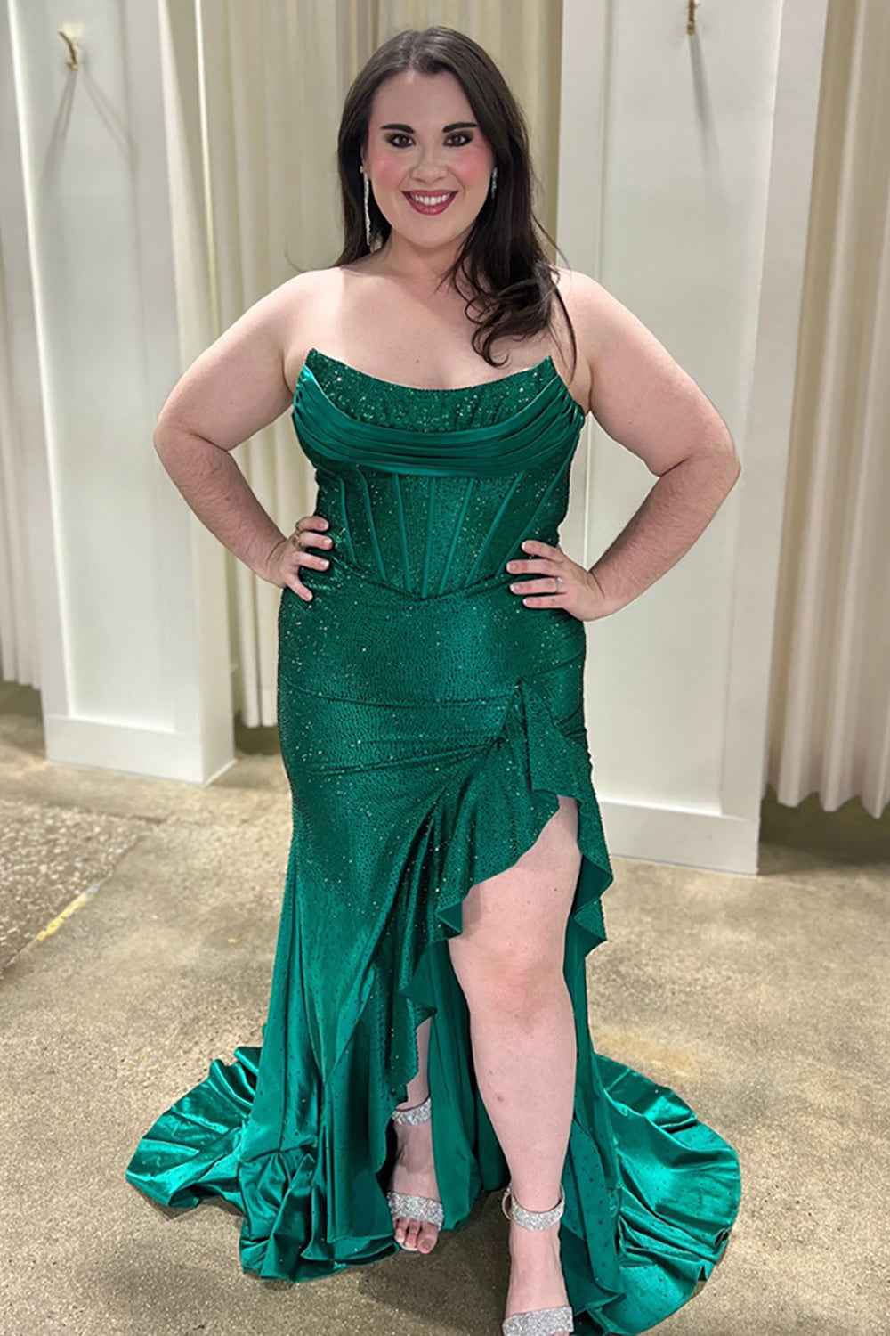 Sparkly Orange Strapless Mermaid Beaded Long Corset Prom Dress with Ruffles