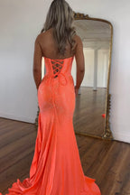 Sparkly Orange Strapless Mermaid Beaded Long Corset Prom Dress with Ruffles