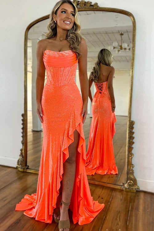 Sparkly Orange Strapless Mermaid Beaded Long Corset Prom Dress with Ruffles BMBRIDE
