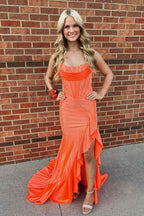 Glitter Orange Strapless Mermaid Beaded Long Corset Prom Dress with Ruffles