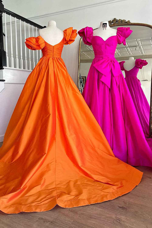 Chic Fuchsia Puff Sleeves A-Line Ruched Long Prom Dress with Bow BMBRIDE