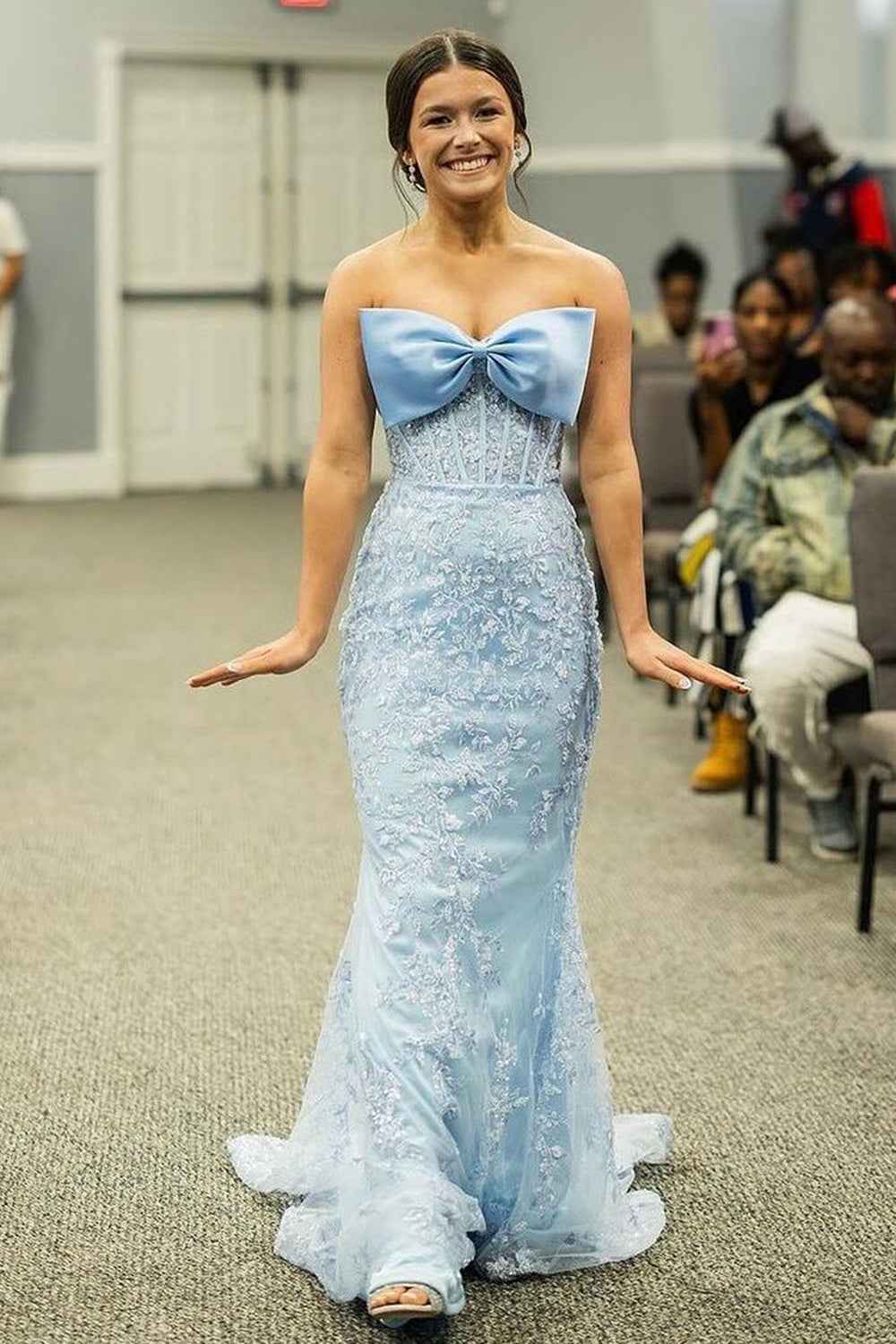 Sky Blue Strapless Mermaid Long Corset Prom Dress with Appliques