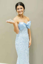 Sky Blue Strapless Mermaid Long Corset Prom Dress with Appliques