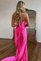 Fuchsia Spaghetti Straps Satin Long Corset Prom Dress with Beading