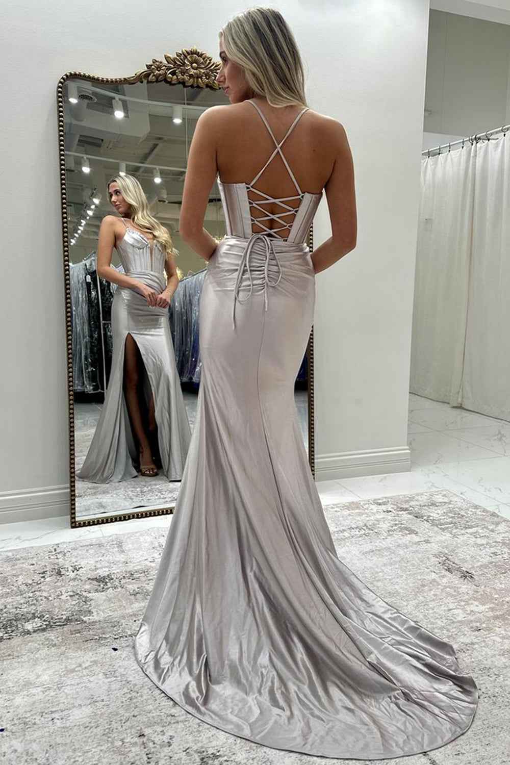 Fuchsia Spaghetti Straps Satin Long Corset Prom Dress with Beading